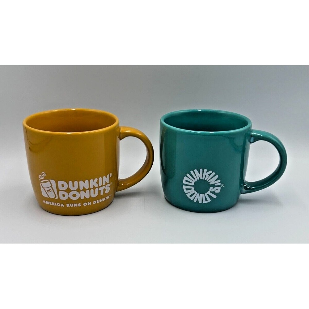 2014 America Runs On Dunkin x2 Pearlescent Coffee Mugs 1 Teal Lustre, 1 Mustard